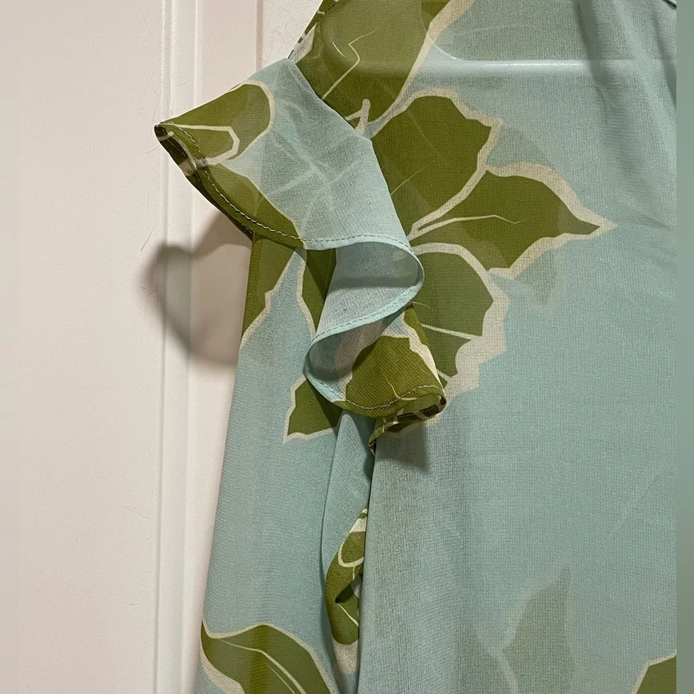 Anthropologie Hutch XXS Olive & Aqua Floral Ruffle Sleeve V Neck Sheer Blouse - Picture 4 of 9